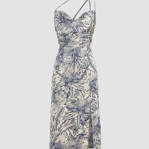 Tropical Shirred Midi Dress. Cream and Blue size Large / X-Large